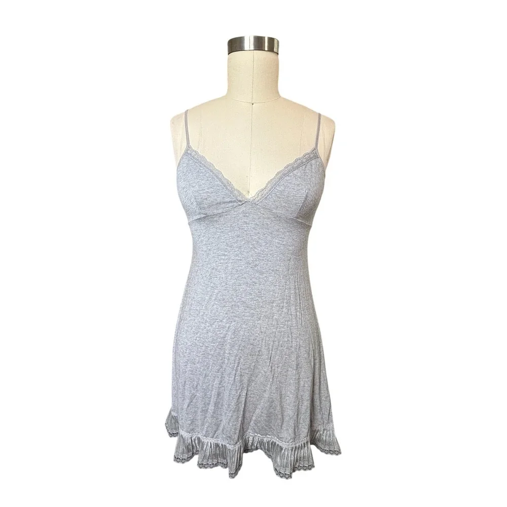 Lace Trim Victoria's Secret Angels Nightgown Ruffle Hem Chemise S Grey Vintage